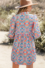 Load image into Gallery viewer, Khaki Abstract Printed Long Sleeve Tied Neckline Mini Dress