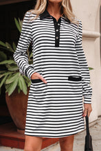 Load image into Gallery viewer, White Stripe Buttoned Front Collared Long Sleeve T Shirt Dress with Pockets