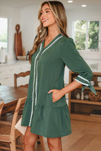 Load image into Gallery viewer, Canton Contrast Ricrac Trim Button V Neck Knotted Bracelet Sleeve Shift Dress