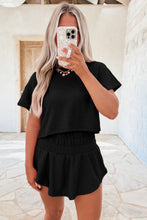 Load image into Gallery viewer, Black 2pcs Cropped Tee and Ruffle High Waist Skort Set
