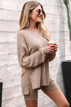 Load image into Gallery viewer, Dark Khaki Ribbed Balloon Sleeve Pullover Top and Biker Knitted Short Set