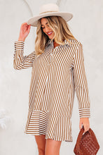 Load image into Gallery viewer, Brown Stripe Ruffled Hem Collared Long Sleeve Shirt Mini Dress