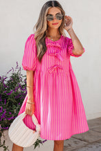 Load image into Gallery viewer, Rose Striped Print Bow Detail Short Puff Sleeve Mini Dress