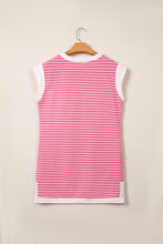 Load image into Gallery viewer, Pink Stripe Color Block Trim Notched Neck Sleeveless Shift Mini Dress