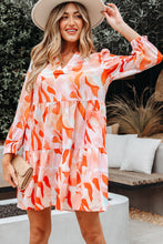 Load image into Gallery viewer, Orange Abstract Print Split Neck Long Sleeve Dress
