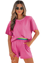 Load image into Gallery viewer, Bright Pink Seam Detail Raw Edge Tee Rainbow Waistband Casual Short Set