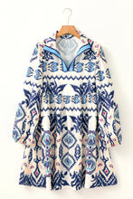 Load image into Gallery viewer, Blue Ethnic Print Striped Split Neck Long Sleeve Flowy Mini Dress
