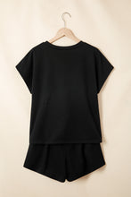 Load image into Gallery viewer, Black Contrast Leopard Bow Patched V Neck Loose Tee Drawstring Shorts 2pcs Outfit