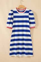 Load image into Gallery viewer, Red Stripe Contrast Trim Round Neck Short Puff Sleeve Shift Mini Dress