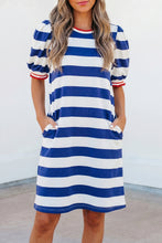 Load image into Gallery viewer, Red Stripe Contrast Trim Round Neck Short Puff Sleeve Shift Mini Dress