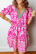 Load image into Gallery viewer, Rose Boho Mixed Print Contrast Trim V Neck Short Sleeve Flared Dress