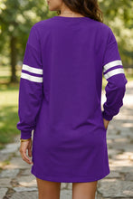 Load image into Gallery viewer, Tillandsia Purple Varsity Contrast Banded Sleeve Shift Sweatshirt Dress