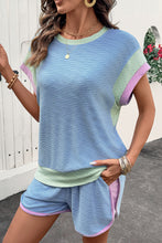 Load image into Gallery viewer, Beau Blue Corded Knit Contrast Trim Round Neck Cap Sleeve 2pcs Short Set