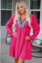 Load image into Gallery viewer, Rose Red Colorful Crochet V Neck Textured Tiered Ruffled Long Sleeve Mini Dress