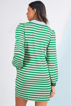 Load image into Gallery viewer, Green Striped Contrast Collar Split Neck Long Sleeve Mini Dress