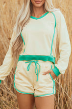 Load image into Gallery viewer, White Contrast Trim Colorblock Long Sleeve Pullover and Drawstring Shorts 2pcs Outfit