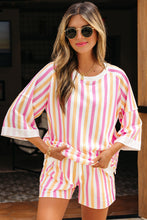 Load image into Gallery viewer, Pink Stripe Drop Shoulder Half Sleeve Loose Tee and Shorts Casual Set