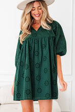 Load image into Gallery viewer, Blackish Green Embroidered Eyelet Pattern 3/4 Puffy Sleeve Swing Mini Dress