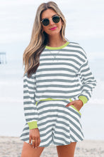 Load image into Gallery viewer, Black Stripe Contrast Ribbed Banding Long Sleeve Blouse Loose Shorts Set
