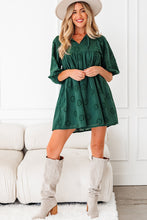 Load image into Gallery viewer, Blackish Green Embroidered Eyelet Pattern 3/4 Puffy Sleeve Swing Mini Dress