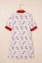 Load image into Gallery viewer, Red Geometric Floral Print Lace Trim Collared Short Sleeve Mini Dress