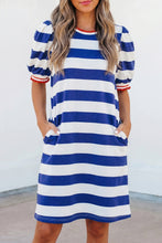 Load image into Gallery viewer, Red Stripe Contrast Trim Round Neck Short Puff Sleeve Shift Mini Dress