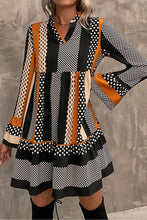 Load image into Gallery viewer, Black Striped Polka Dot Print Ruffled Hem V Neck Mini Dress