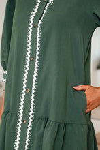 Load image into Gallery viewer, Canton Contrast Ricrac Trim Button V Neck Knotted Bracelet Sleeve Shift Dress