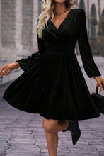 Load image into Gallery viewer, Black Velvet Long Sleeve Surplice High Waist Mini Dress