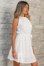 Load image into Gallery viewer, White Lace Sleeveless Knot Hollow Out Back Tied Waist Mini Dress