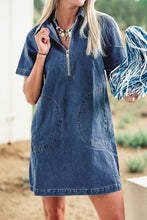 Load image into Gallery viewer, Blue Zip up Collared Short Sleeve Shift Mini Denim Dress