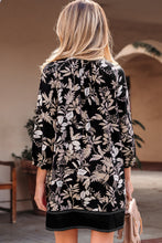 Load image into Gallery viewer, Black 3/4 Sleeve Botanical Print Split Neck Loose Mini Dress
