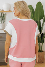 Load image into Gallery viewer, Pink Textured Colorblock Patchwork Tee Two Piece Shorts Set