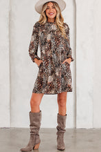 Load image into Gallery viewer, Brown Leopard Ruffled Detail Long Sleeve Loose Mini Dress