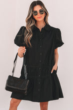 Load image into Gallery viewer, Black Shirt Style Button Down Puff Sleeve Ruffle Hem Dress