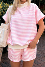 Load image into Gallery viewer, Sky Blue Stripe Cuffed Sleeve Contrast Mock Neck Tee Casual 2pcs Short Set