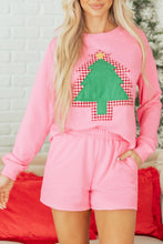 Load image into Gallery viewer, Sachet Pink Plaid Contrasted Double Christmas Tree Patched Raglan Sleeve Pullover 2pcs Short Set