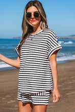 Load image into Gallery viewer, Pink Stripe Knitted Short Sleeve Top and Drawstring Shorts Set