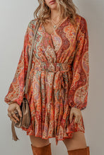 Load image into Gallery viewer, Orange Boho Paisley Print Long Sleeve Pleated Belted Mini Dress