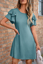 Load image into Gallery viewer, Skobeloff Solid Color Round Neck Double Ruffle Short Sleeve Dress