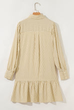 Load image into Gallery viewer, Brown Stripe Collared Neck Cuffed Long Sleeve Drop Waist Mini Dress