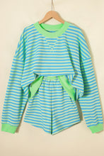 Load image into Gallery viewer, Pink Stripe Color Block Detail Long Sleeve Pullover Elastic Waist Pull On Shorts 2pcs Set