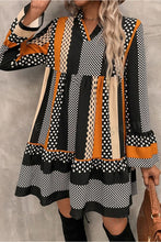 Load image into Gallery viewer, Black Striped Polka Dot Print Ruffled Hem V Neck Mini Dress
