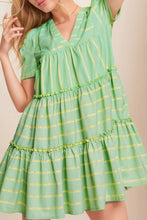Load image into Gallery viewer, Green Stripe V Neck Short Sleeve Frilled Detail A-line Dress