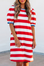 Load image into Gallery viewer, Red Stripe Contrast Trim Round Neck Short Puff Sleeve Shift Mini Dress
