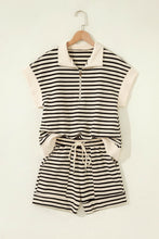 Load image into Gallery viewer, Black Stripe Ribbed Color Block Trim Zip Polo Tee Drawstring Shorts 2pcs Outfit
