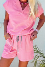 Load image into Gallery viewer, Sachet Pink V Neck Short Sleeve Top Drawstring Shorts 2pcs Set