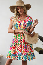 Load image into Gallery viewer, Sky Blue Abstract Print V Neck Dolman Sleeve Ruffle Tiered Mini Dress