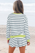 Load image into Gallery viewer, Black Stripe Contrast Ribbed Banding Long Sleeve Blouse Loose Shorts Set