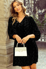 Load image into Gallery viewer, Black Textured V Neck Balloon Sleeve Velvet Mini Dress